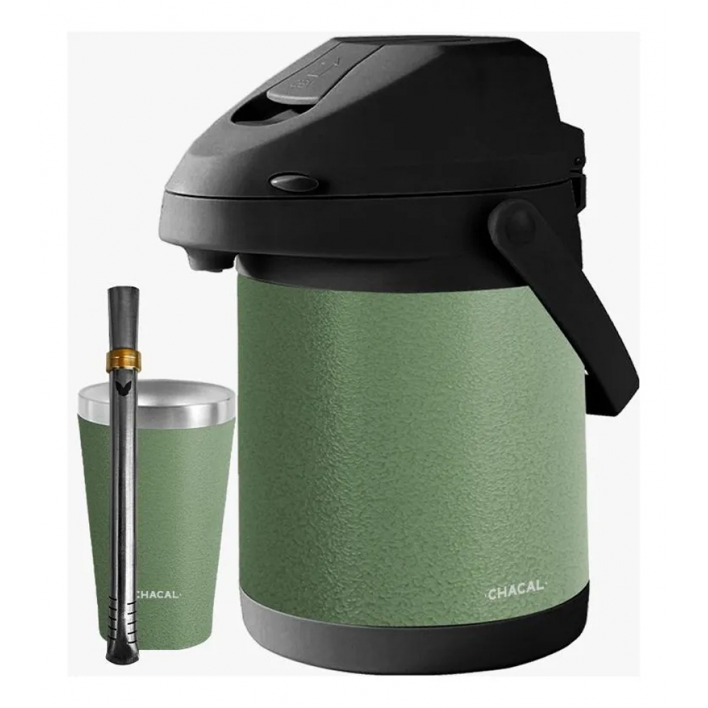 02252 - KIT GARRAFA TERMICA CHACAL 2.5L INOX VERDE OLEO - 02252